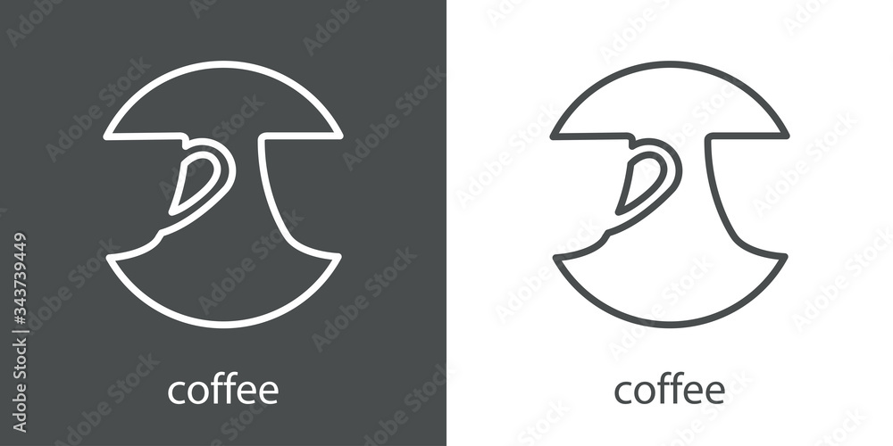 Logotipo lineal texto coffee con taza en espacio negativo en círculo en fondo gris y fondo blanco Logotipo lineal texto coffee con taza en espacio negativo en círculo en fondo gris y fondo blanco