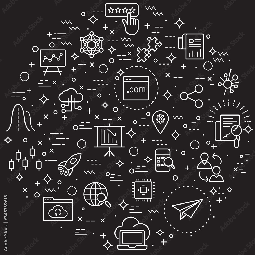 Simple Set of marketing and seo Related Vector Line Illustration. Contains such Icons as development, statistics, growth and Other Elements.. Modern style line drawing and background color black.