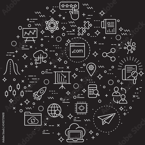 Simple Set of marketing and seo Related Vector Line Illustration. Contains such Icons as development, statistics, growth and Other Elements.. Modern style line drawing and background color black.