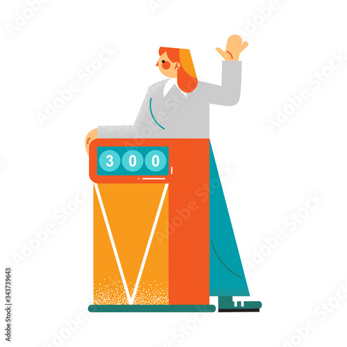 Female player of quiz show standing on the tribune answering questions. Vector illustration in the flat cartoon style.