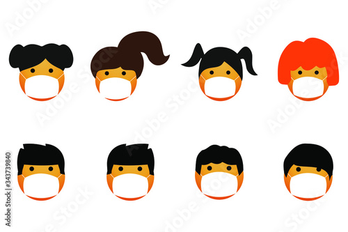 Emoji set with medical mask. Cute smiley face, wear a medical mask.Different hairstyles for boys and girls. Set of emoticons.