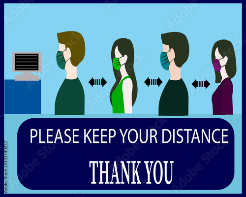 people wearing masks queued up , Keep Distance,sign  vector social distancing