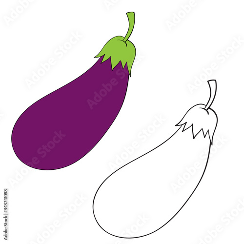 set of eggplant one in the outline, the other is painted in color, isolated object on a white background, vector illustration,