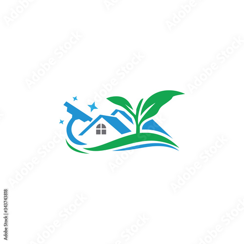 Cleaning green leaves eco home, vector logo design template