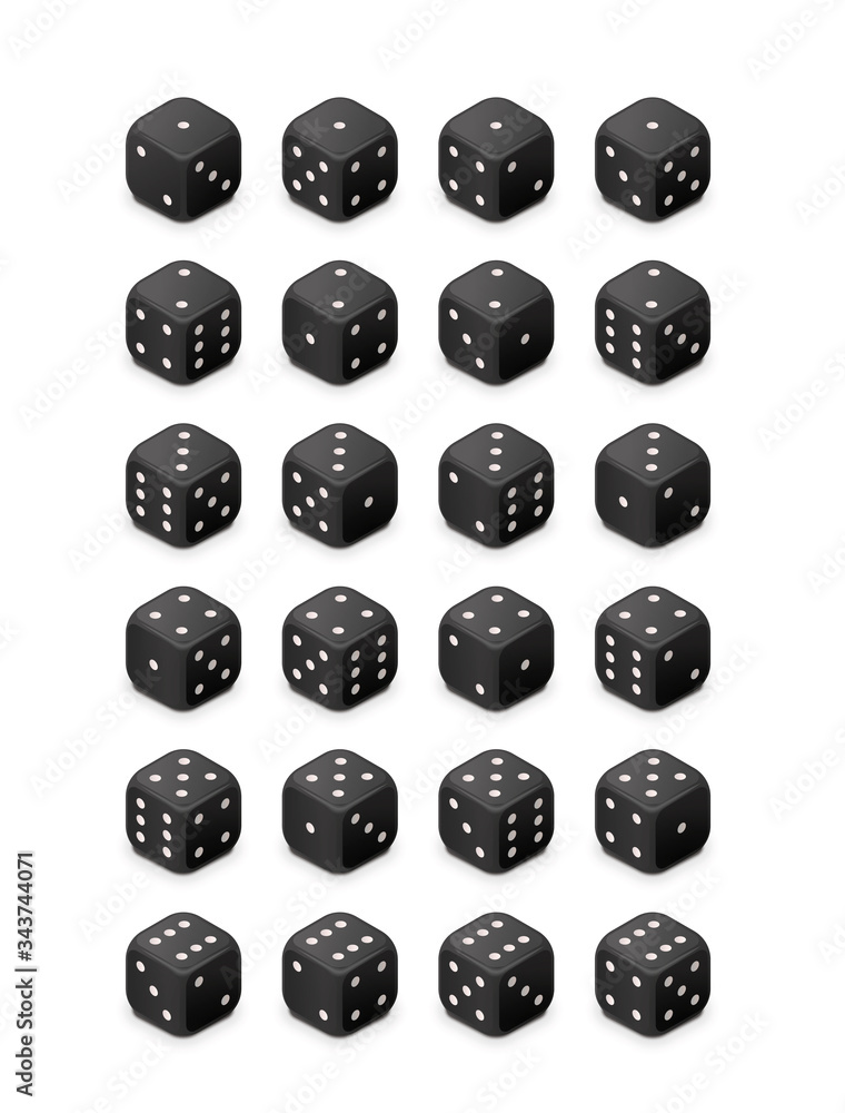 Black classic game cubes isolated on white background, all possible 3d dice turns for casino in isometric view Black classic game cubes isolated on white background, all possible 3d dice turns for casino in isometric view
