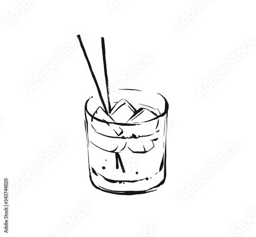 Hand drawn vector abstract graphic artistic cooking ink sketch illustration drawing of alcohol cocktail drink in glass isolated on white background