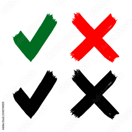 Vector high quality V sign and X cross grungy icons isolated on white background - flat style brush illustration