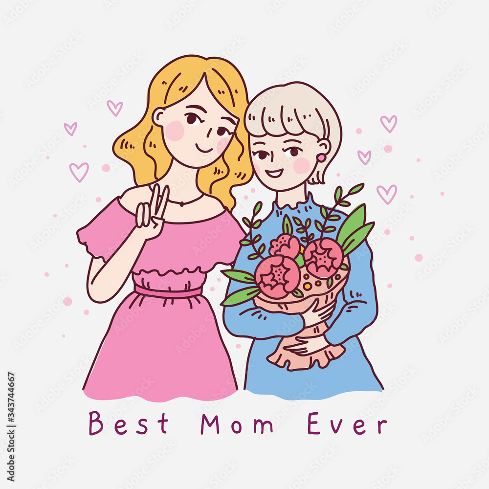 Happy friendship day. Mother and daughter. Doodle kawaii style Happy friendship day. Mother and daughter. Doodle kawaii style
