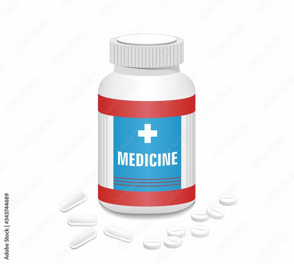 Fototapeta premium Medicine bottle with two different pills. Vector illustration.