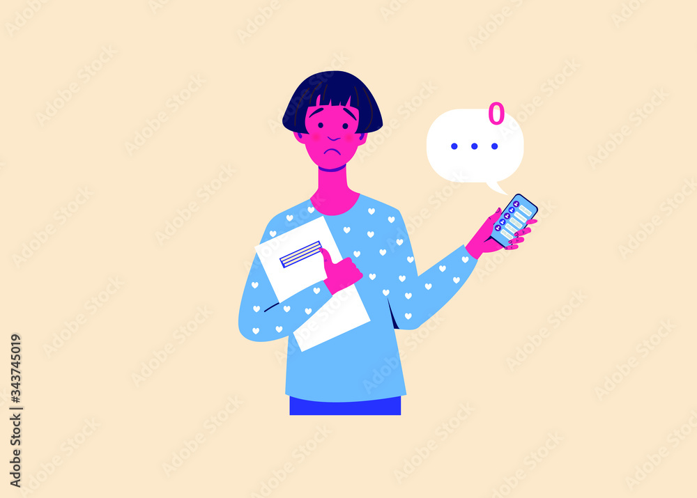 Obraz premium Sad girl is holding a smartphone with no messages. No One Writes to the girl. Social disregard.