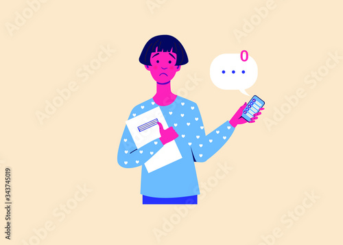 Sad girl is holding a smartphone with no messages. No One Writes to the girl. Social disregard.