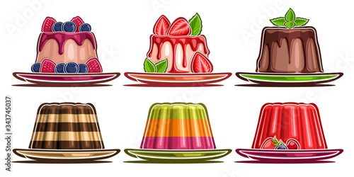 Vector Set of assorted Panna Cotta and Jelly, collection of 6 cut out illustrations of diverse fruit panna cotta and layered lelly, set of group dairy and gelatin desserts for cafe or restaurant menu.
