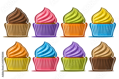 Vector Set of assorted Cupcakes, lot collection of 8 cut out illustrations of diverse colorful cupcakes or cup cakes in a row, set of many delicacy baked goods for cafe menu on white background.