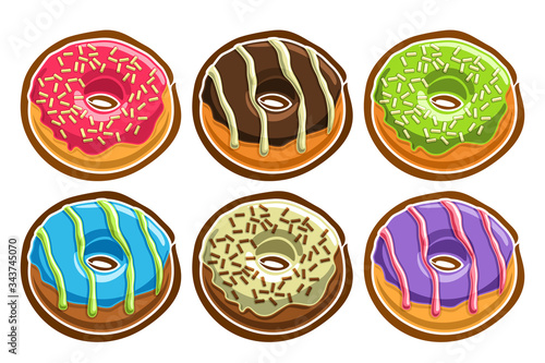 Vector Set of assorted Donuts, lot collection of 6 cut out illustrations of diverse colorful decorated donuts or doughnuts, set of many delicacy baked goods for cafe menu on white background.