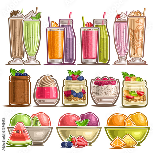 Vector Set of different Desserts, lot collection of 12 cut out illustrations of fresh assorted milk beverages, group of many parfaits and puddings and diverse frozen fruit desserts for cafe menu.