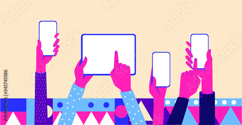 Social Network. Hands holding smartphones and tablet computer. Online communication and connection.