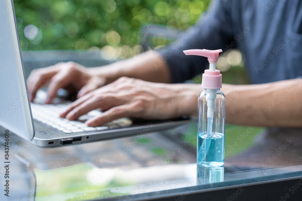 Alcohol gel prevent the Covid virus, working at home. Alcohol gel prevent the Covid virus, working at home.