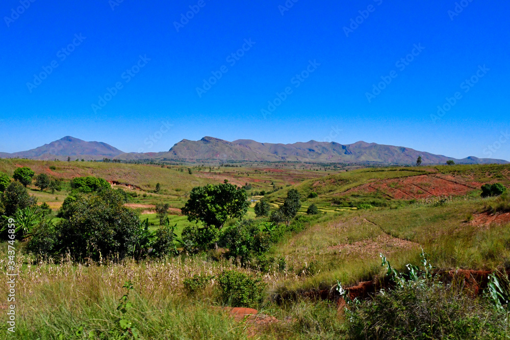 マダガスカル のアンタナナリボからmorondavaまでの道の風景。棚田が美しい。標高1500ｍ前後の中央高地は、どこへいっても棚田があった。