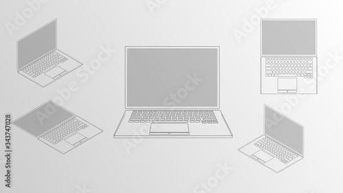 Vector illustration of an isometric conceptual laptop drawn from multiple perspectives. Drawing uses simple lines to illustrate