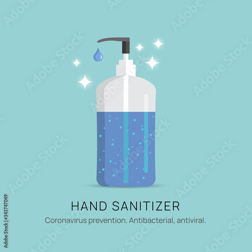 Hand sanitizer gel bottle. Alcohol rub sanitizers against bacteria, virus. Coronavirus pandemic. Hygiene product. Covid-19 spread prevention. Washing hands.
