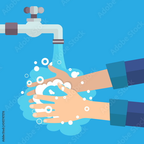 Washing hands with soap. Pandemic of coronavirus. Self protect from virus. Wash your hands. Washing hands with soap to prevent virus and bacteria.Vector illustration.