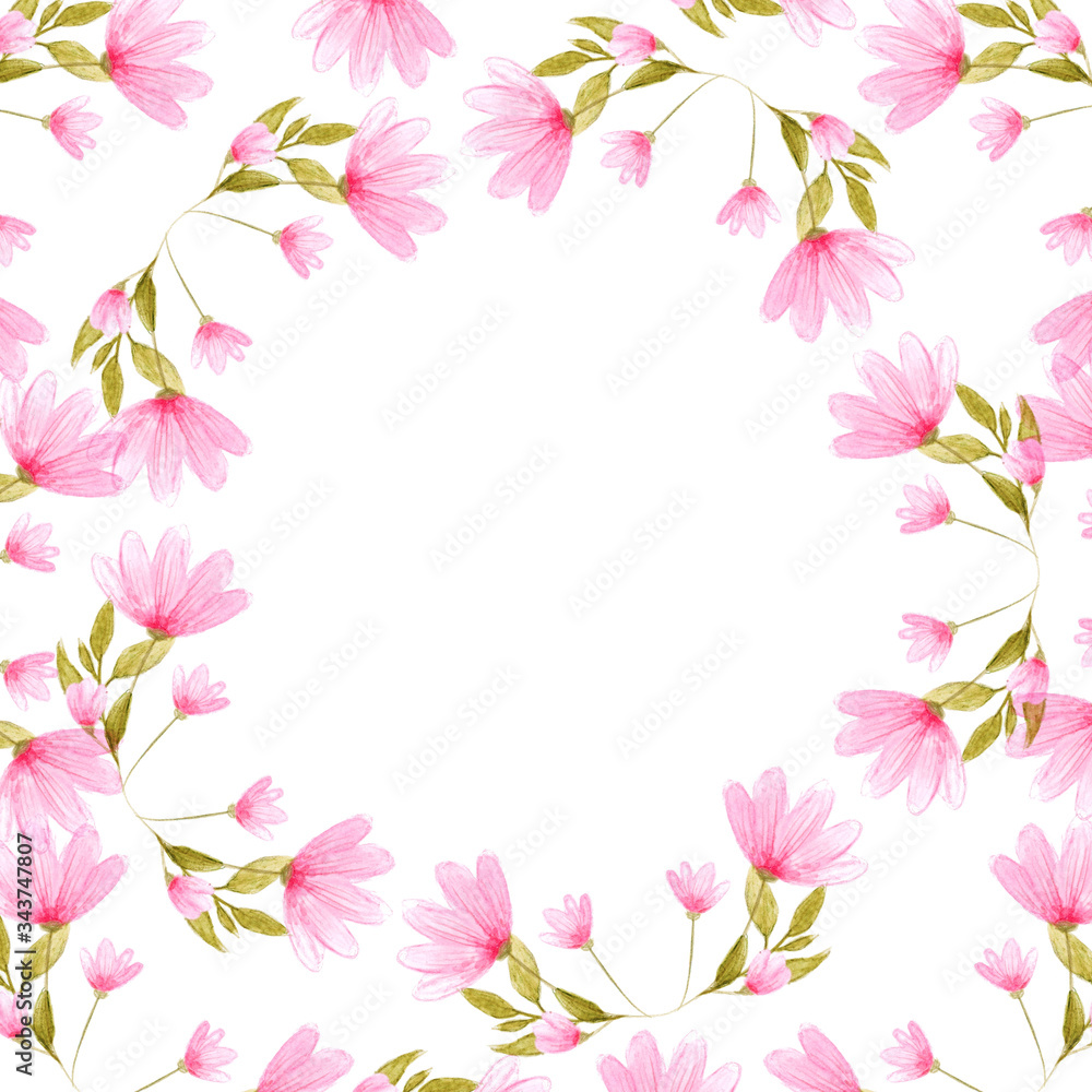 Beautiful watercolor hand drawn round frame Branches and pink flowers background. For greeting card, vignette, banner.