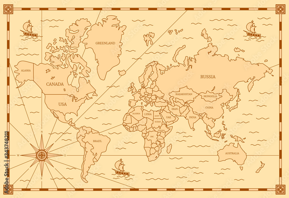 Color Classic Style of World Map with Thin Lines Elements. Vector