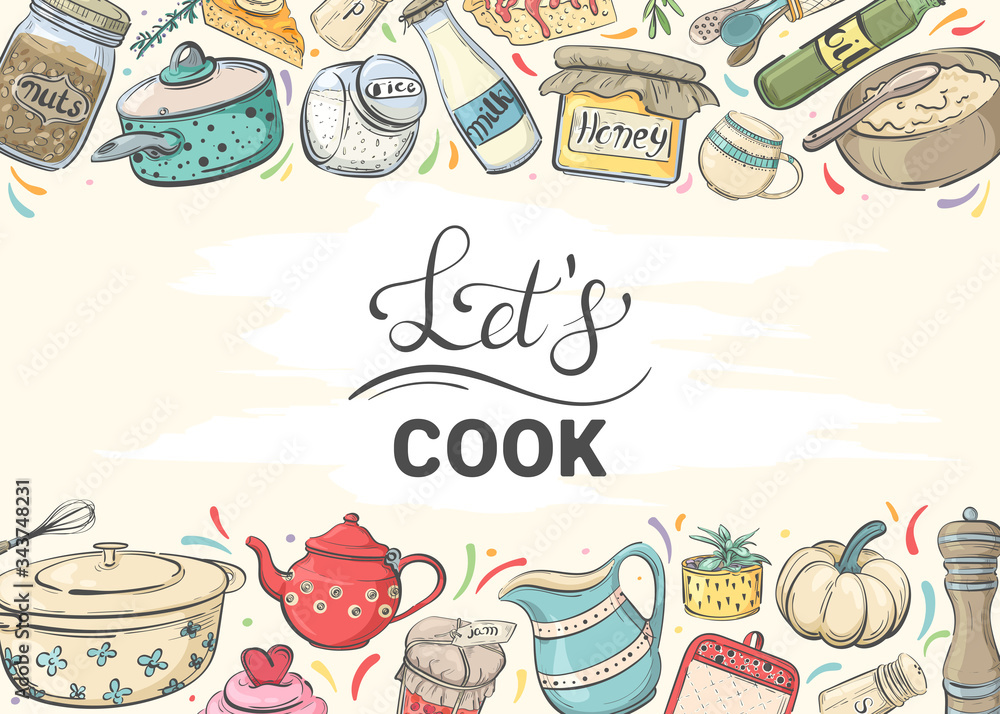 Let's cook. Horizontal banner with kitchenware and food