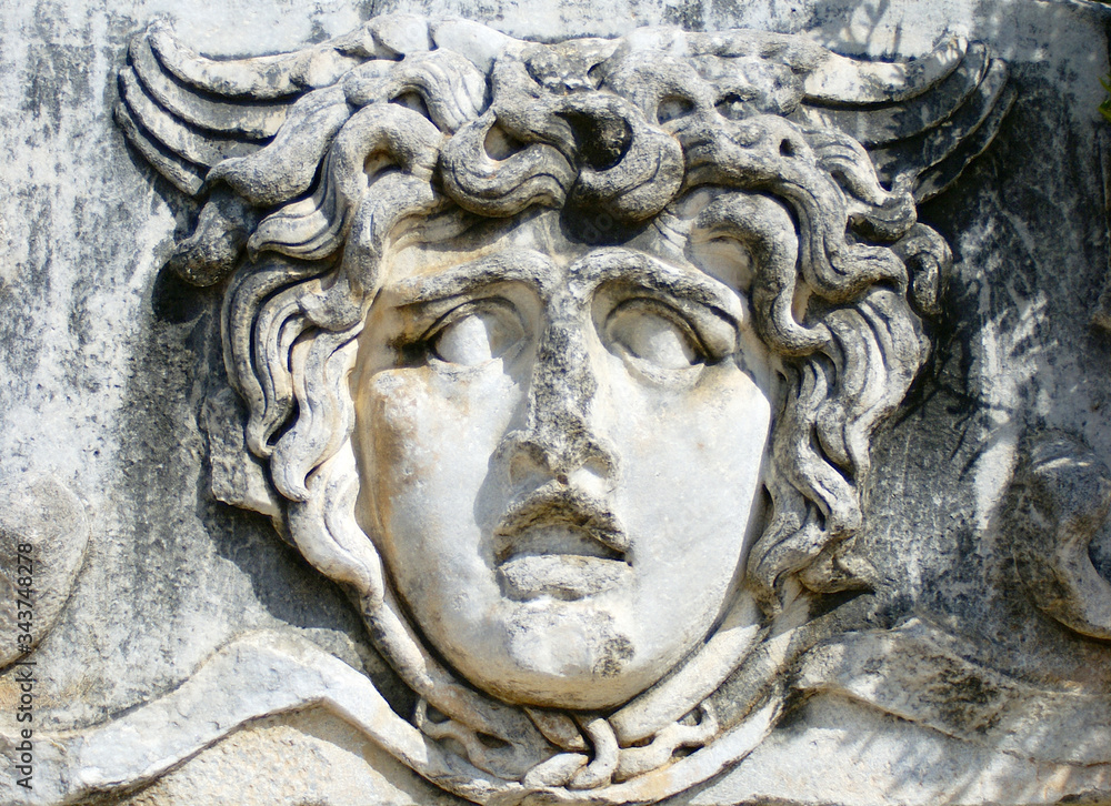 Medusa head sculpture in Didyma ancient Apollo Temple.