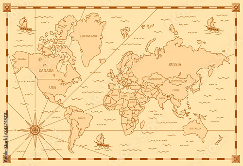 Color Classic Style of World Map with Thin Lines Elements. Vector