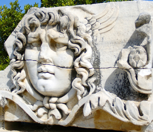 Medusa head sculpture in Didyma ancient Apollo Temple. photo