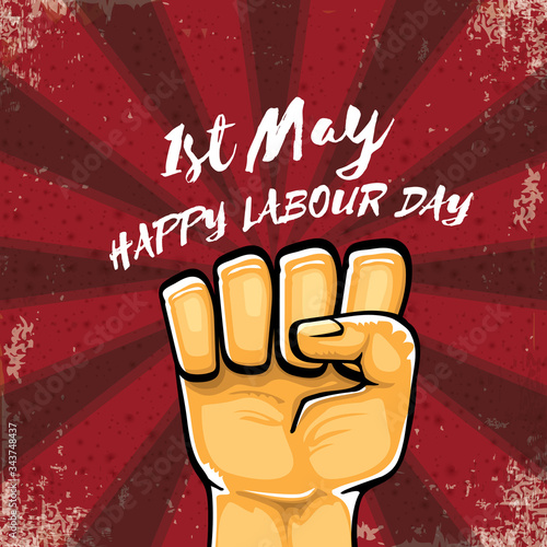 Happy labour day vector label with strong orange hand fist isolated on grunge red background with rays. vector happy labor day background with man hand. red workers may day poster design