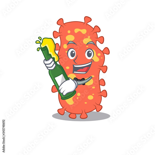 Mascot character design of bacteroides say cheers with bottle of beer