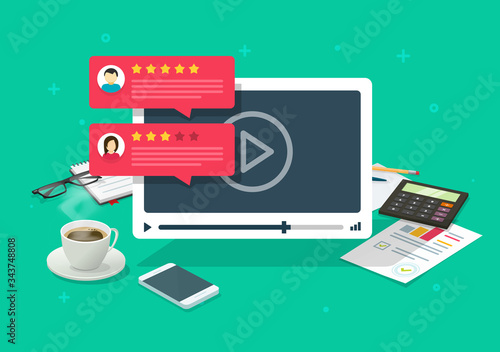 Video content review testimonials feedback online on workplace desktop table or reputation rate chat evaluation desk vector flat cartoon illustration, internet or web video player with rating survey