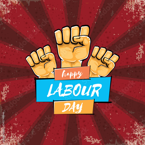 Happy labour day vector label with strong orange hand fist isolated on grunge red background with rays. vector happy labor day background with man hand. red workers may day poster design