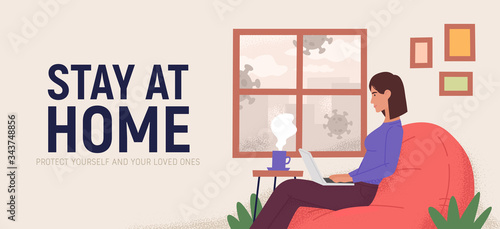 Stay at home. Woman working on laptop computer at home. COVID-19. Coronavirus quarantine banner. Vector illustration