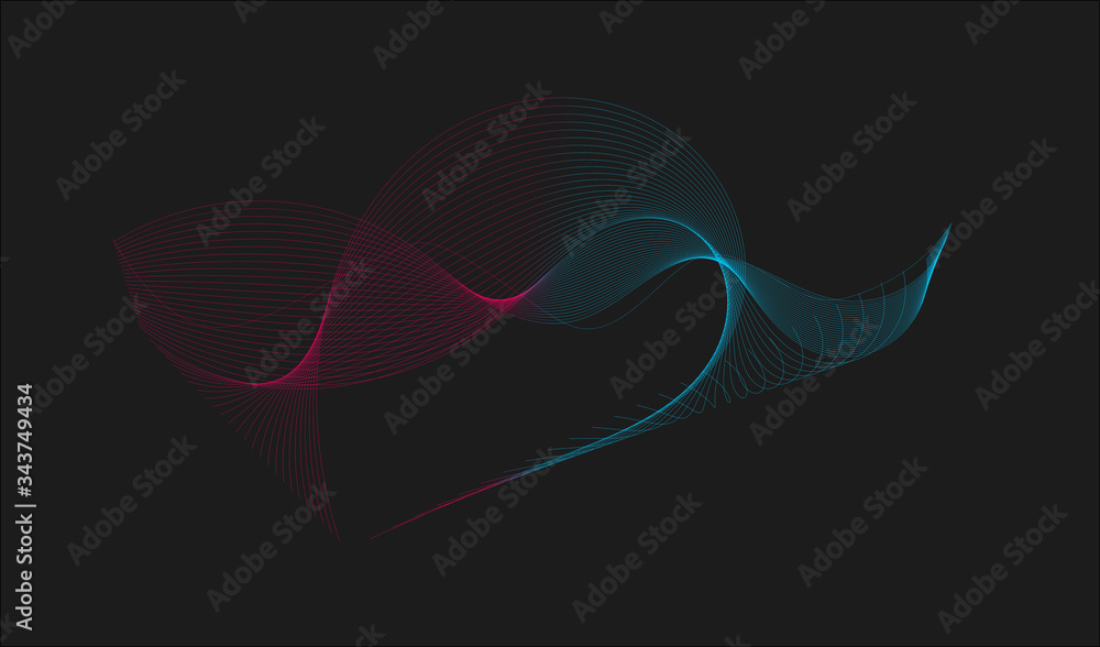 Two shades of wavy line smoke effect, red and blue color smoke effect with color gradients on black background. Equalizer for music, showing sound waves with musical waves. 3d rendering.