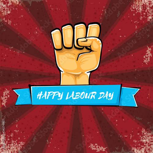 Happy labour day vector label with strong orange hand fist isolated on grunge red background with rays. vector happy labor day background with man hand. red workers may day poster design