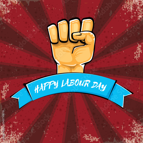Happy labour day vector label with strong orange hand fist isolated on grunge red background with rays. vector happy labor day background with man hand. red workers may day poster design