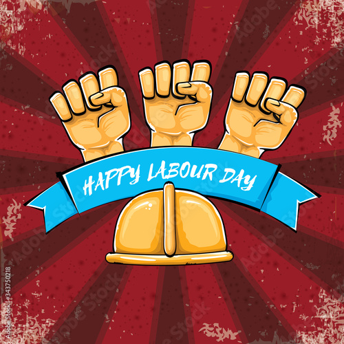 Happy labour day vector label with strong orange hand fist isolated on grunge red background with rays. vector happy labor day background with man hand. red workers may day poster design