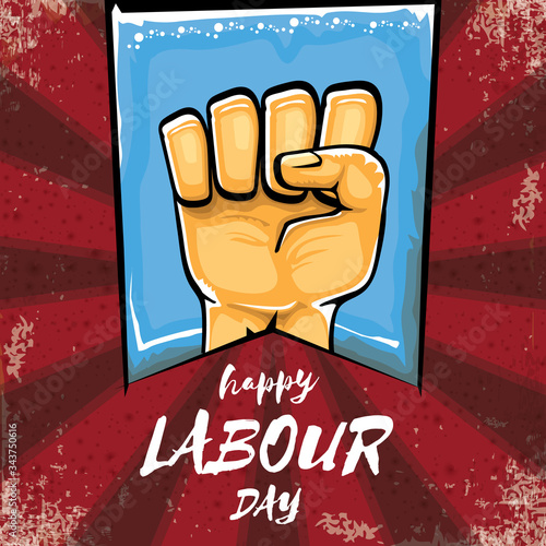 Happy labour day vector label with strong orange hand fist isolated on grunge red background with rays. vector happy labor day background with man hand. red workers may day poster design