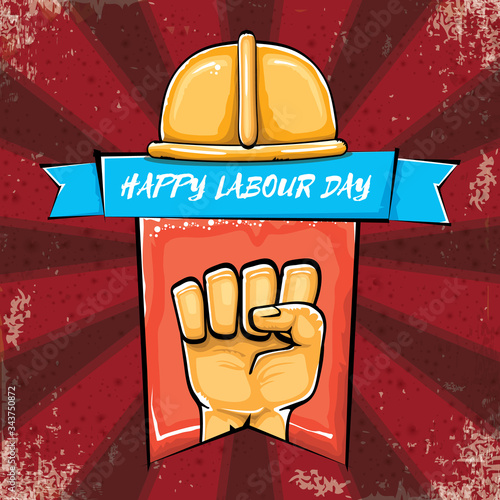 Happy labour day vector label with strong orange hand fist isolated on grunge red background with rays. vector happy labor day background with man hand. red workers may day poster design