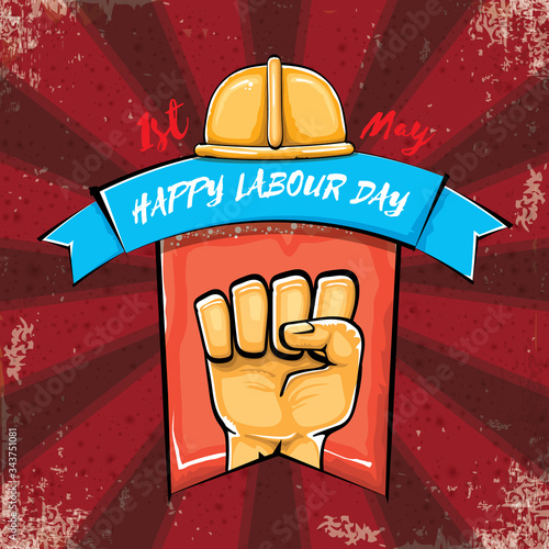Happy labour day vector label with strong orange hand fist isolated on grunge red background with rays. vector happy labor day background with man hand. red workers may day poster design