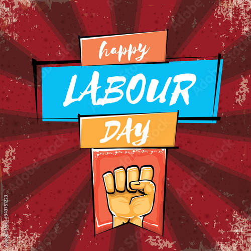 Happy labour day vector label with strong orange hand fist isolated on grunge red background with rays. vector happy labor day background with man hand. red workers may day poster design