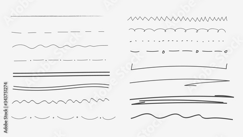 Sketch of abstract underlines in grunge style. Abstract art black scribbles in vintage design. Each marker is divided. Endless texture can be used for printing onto fabric and paper. Vector isolated