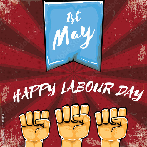 Happy labour day vector label with strong orange hand fist isolated on grunge red background with rays. vector happy labor day background with man hand. red workers may day poster design