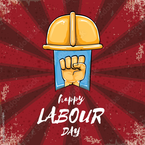 Happy labour day vector label with strong orange hand fist isolated on grunge red background with rays. vector happy labor day background with man hand. red workers may day poster design