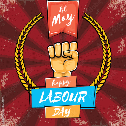 Happy labour day vector label with strong orange hand fist isolated on grunge red background with rays. vector happy labor day background with man hand. red workers may day poster design
