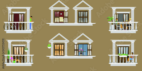 The facade of the house with windows and balconies. With the interior in the apartments. With people isolated.