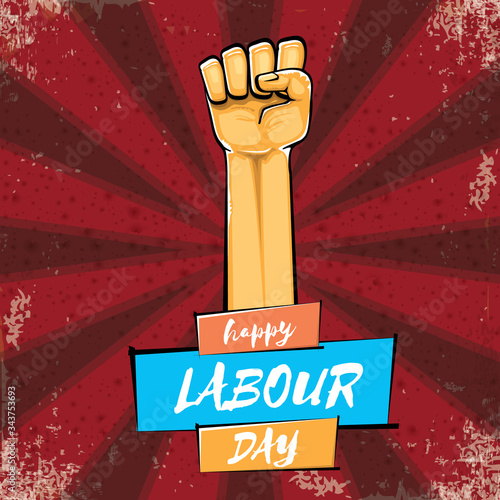 Happy labour day vector label with strong orange hand fist isolated on grunge red background with rays. vector happy labor day background with man hand. red workers may day poster design